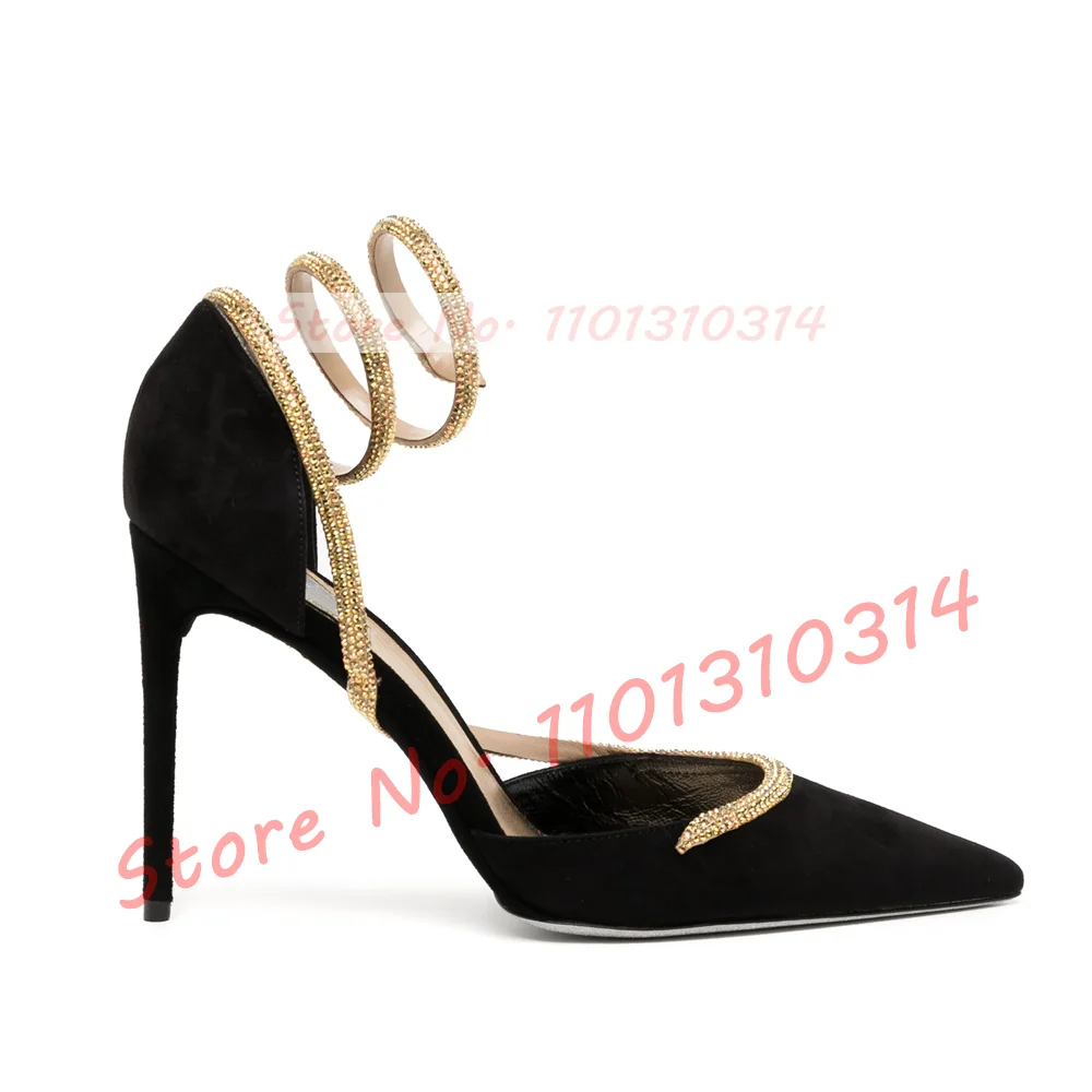 Gold Kristall Schlangen wickel Samt Pumps Damen trend ige elegante schwarze spitze Zehen echte Leders andalen High Heels Abendkleid Schuhe