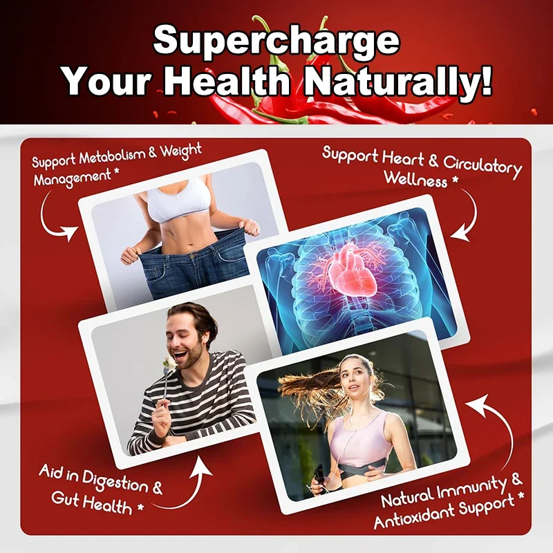 كبسولات فلفل كايين عالية الفعالية، مع فيتامين د3، تدعم الجهاز الدائري، والتنظيف والعافية الشاملة، وفقدان الوزن