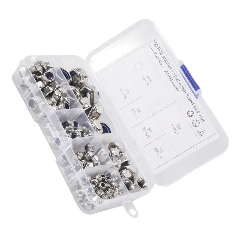 A64Z 150Pcs 304 Stainless Steel Lock Nut Assortment Kit For Hardware Accessories Nylon Insert Hex Lock Nuts Self Locking Nut M3