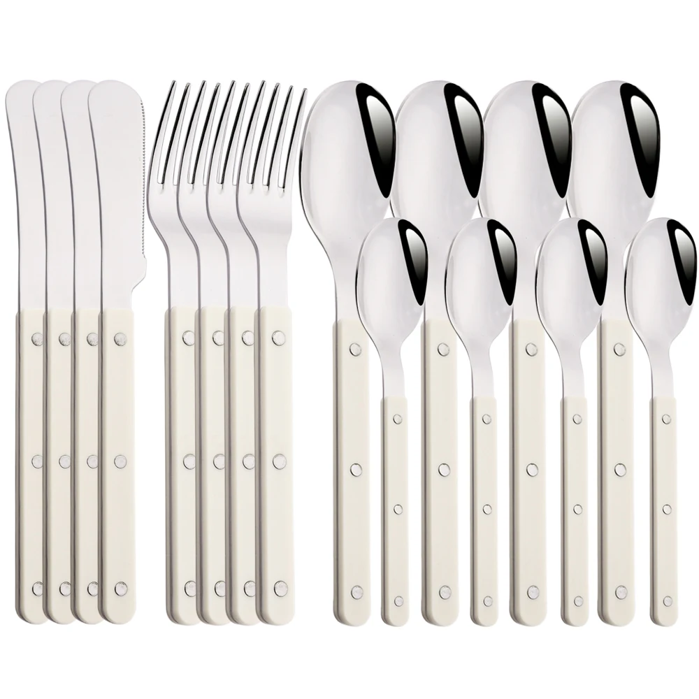 Beige Silver 4/16Pcs Dinnerware Acrylic Handle Knife Fork Spoon Set Stainless Steels Cutlery Set Western Dinner Kitchen Flatware