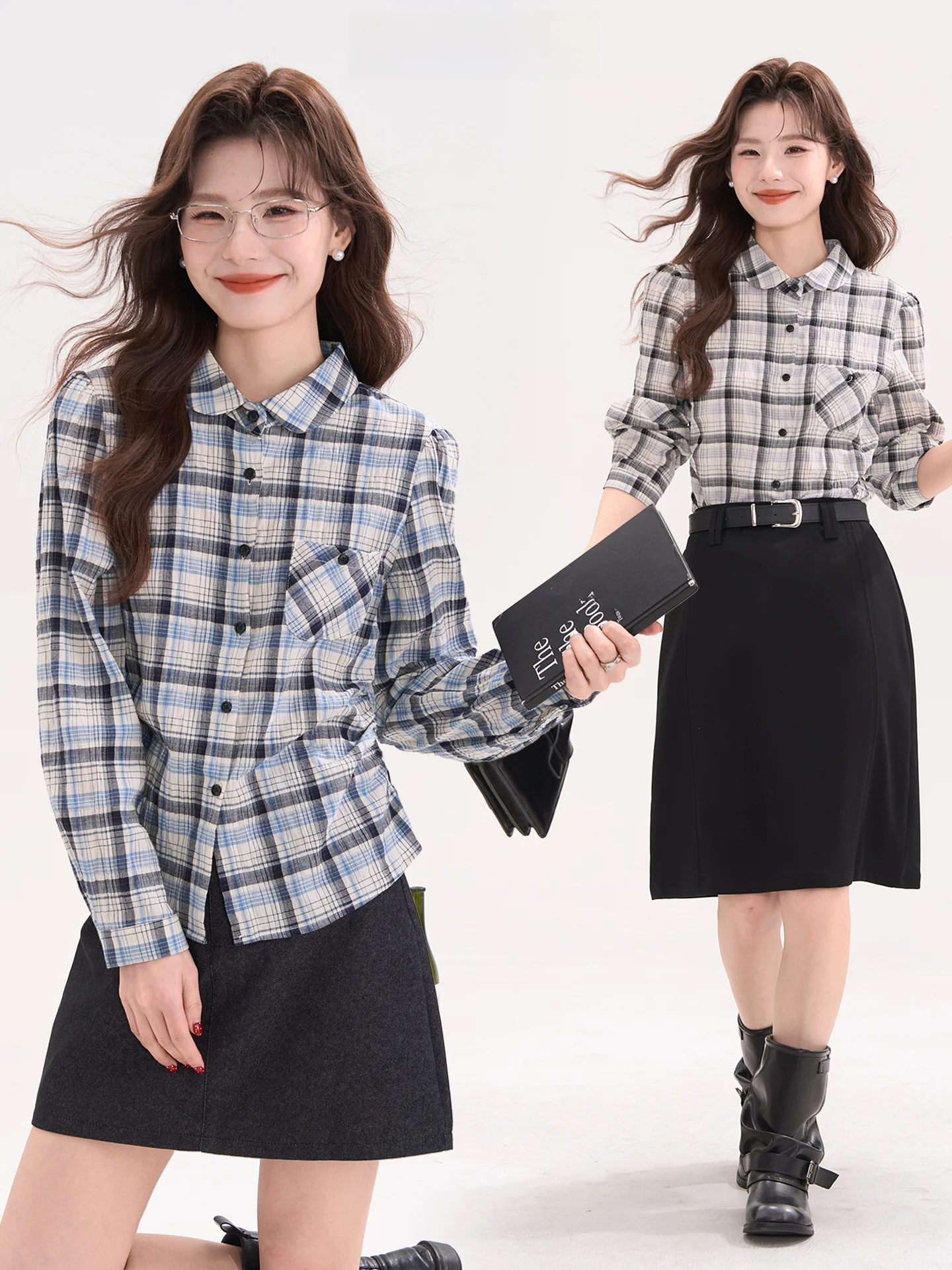 

Slimming Plaid Shirt Women's Casual Commute Spring Long Sleeve Cotton Checkered Waist-Cinching Window Display Heme