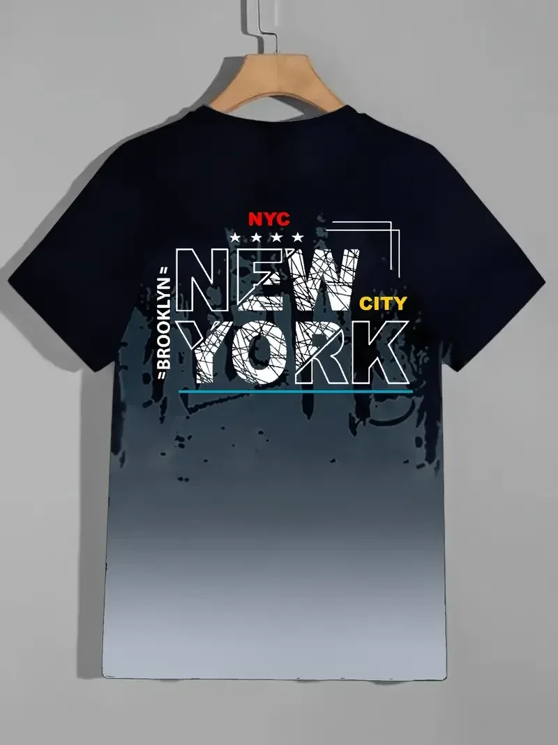 New York Letter Printed Shirt Summer Men's Casual Short-sleeved Shirt, Round Neck Outdoor Large Size Street Trend Head T-shirt