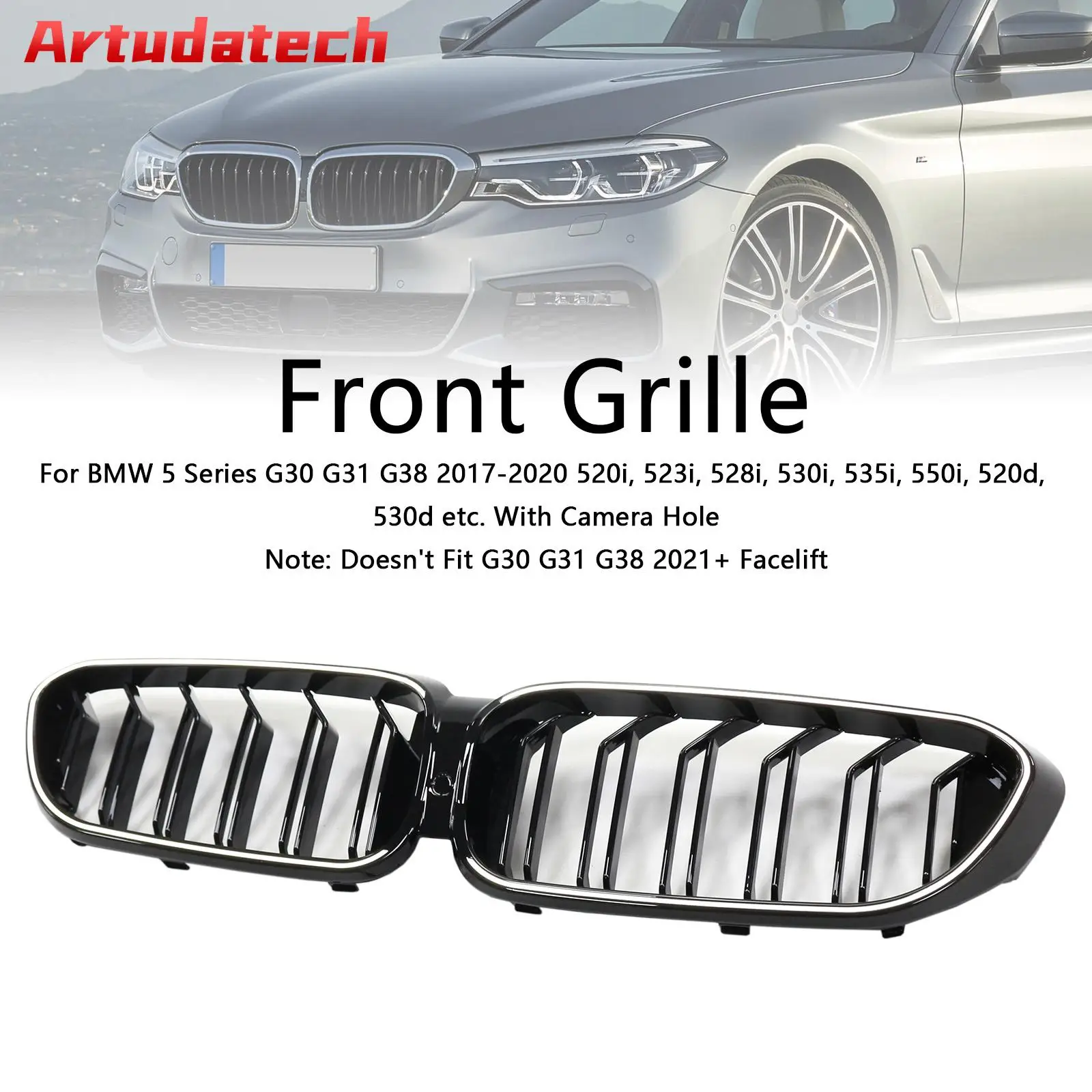 

Artudatech Double Slat Front Kidney Grille Fit for BMW 5 Series G30 G31 2017-2020 Gloss Black