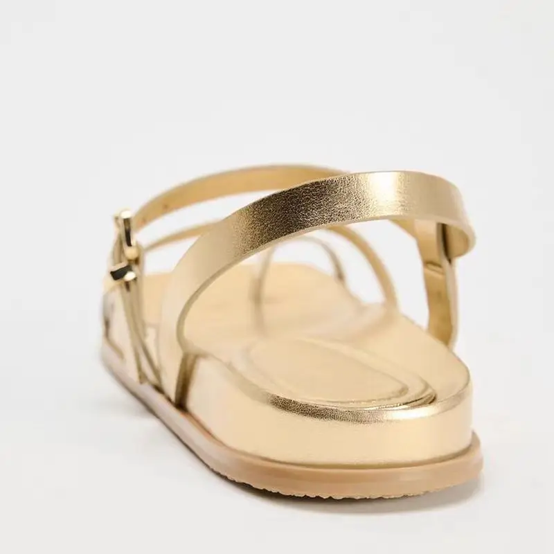 TRAF Woman Gold Color Flat Sandal Shoes Sexy Round Toe Pinch Toe Flip-flops Shoes 2024 Summer Chic Ankle Buckle Straps Sandal