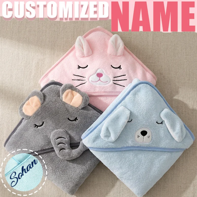 Personalized Name Baby Bath Towel Coral Fleece Toddler Bathrobe Swaddle Wrap Blanket Boys & Girls Birth Gift