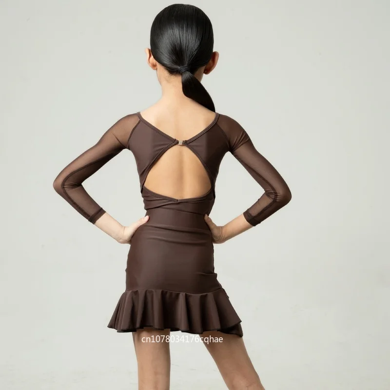 

Cha Cha Stage Wear Practice Clothing Kid Latin Dance Clothes Girls Performance Dress Brown Long Sleeve Dance Suit