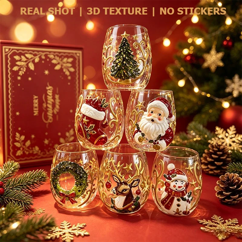 3D Real Shot High Borosilicate Glass Cups 6Pcs Christmas Santa Snowman Wine Glass Xmas Party Gift for Wine Milk Juice