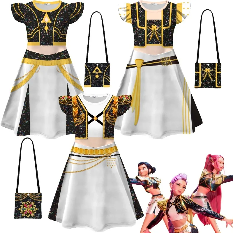 

Kids KPop Demon Hunters Cosplay Dress Zoey Rumi Mira Dresses with Bag for Girls Halloween Anime Party Roleplay Outfits New