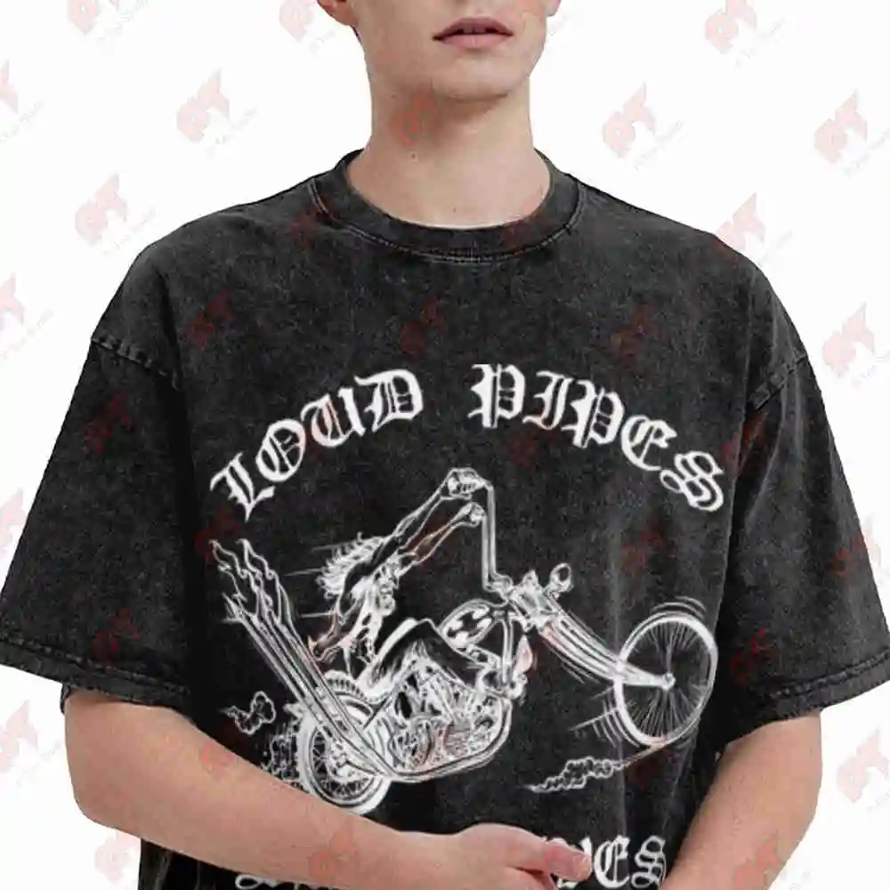 Loud Pipes Save Lives Motorcycle Biker Chopper Vintage Washed Tee Pure Cotton T-Shirt
