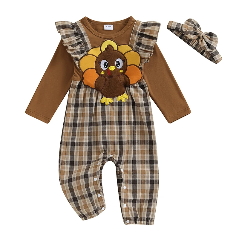 Baby Girls 2 Piece Outfits Thanksgiving Turkey Print Patchwork Long Sleeves Romper and Cute Headband Set for Toddler