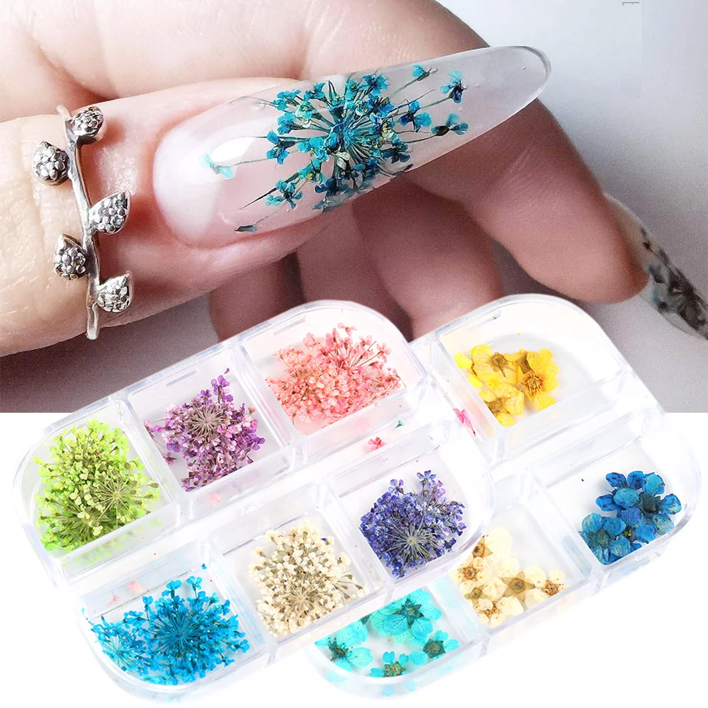 12pcs,3d Nail Charms Real Flower Nail Sticker Decorations,Snow Bead Lace Flower Petals Dried Flower Nail Art Decoration Epoxy