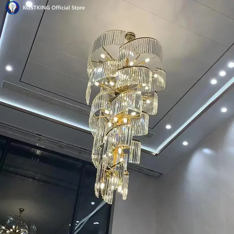 

Длинная люстра для лестницы, вращающаяся люстра для дуплекса, проект для вестибюля отеля, люстра для гостиной виллы, роскошная хрустальная лампа с полым световым пучком