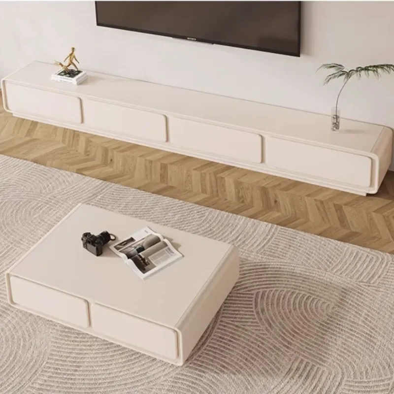 White French Cream TV Stand with Rounded Corners Modern Minimalist Coffee Table Combo Small Apartment Living Room Floor