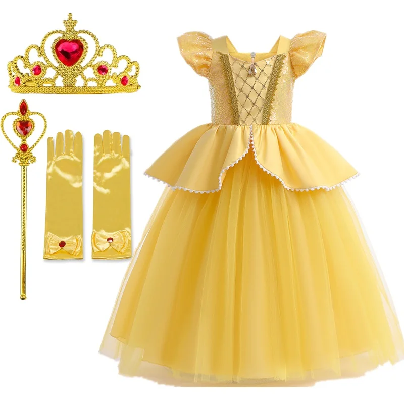 Girls Belle Princess Dress Halloween Cosplay Costume Birthday Party Kids Dresses for Girls Magic Stick Crown Children Clothing