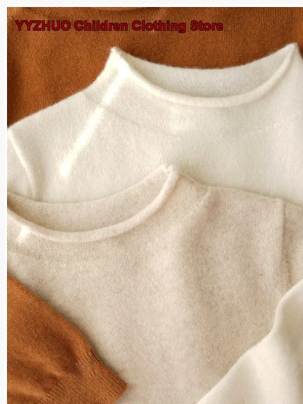 Girls Autumn Winter Solid Color Rolled Hem Knit Bodysuit Close-Fitting Cashmere Base Layer High Neck Kids