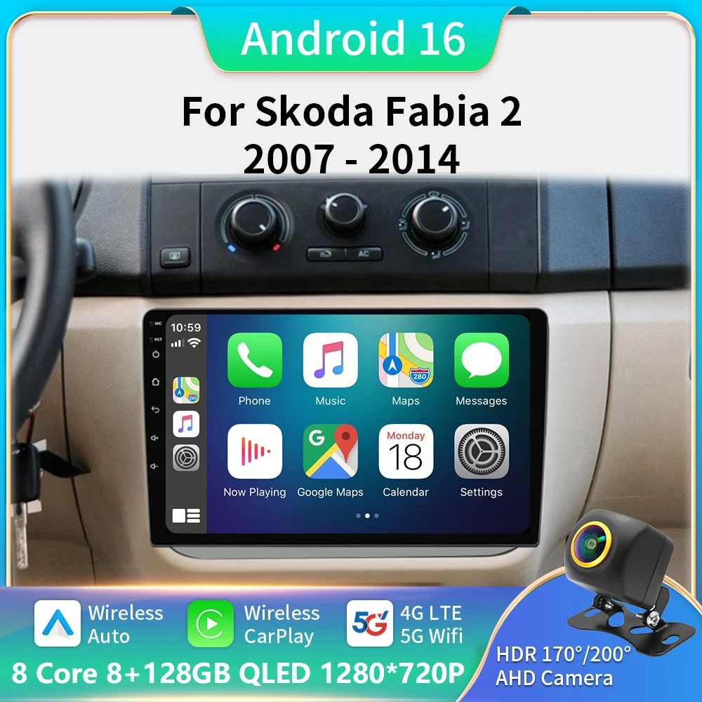 

Android 16 Car Radio For Skoda Fabia 2 2007-2014 Multimedia Navigation GPS 5G WIFI Carplay Android Auto Player Carplay QLED BT