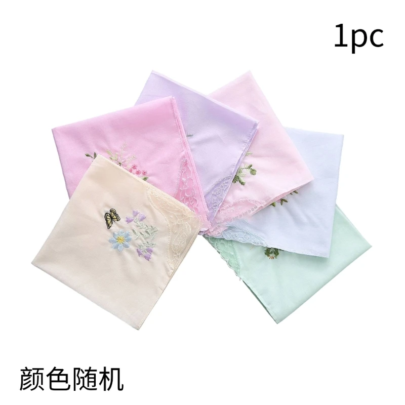 Y166 28cm Cotton Soft Embroidered Square Towel Vintage Floral Lace Edging Handkerchief Flower Hanky for Women Girls