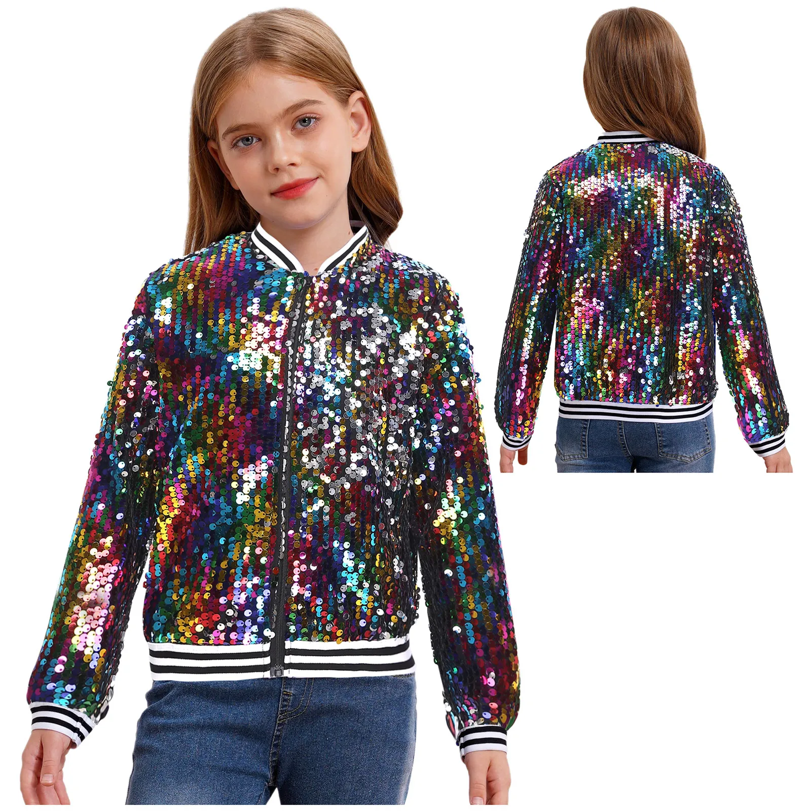6-16Y Girls Shiny Sequin Hip Hop Jazz Street Dance Baseball Jacket Long Sleeve Zipper Bomber Coat for School Party Performance