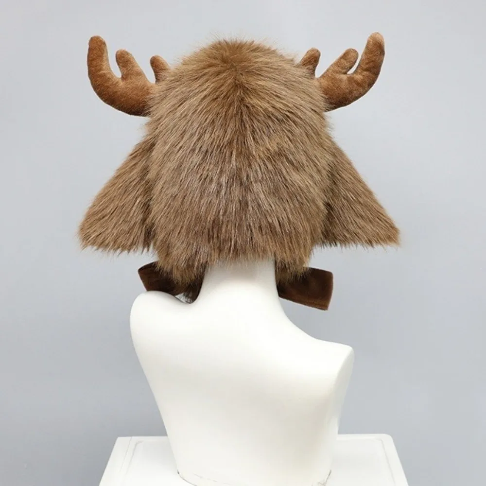 Warme Rentiergeweih-Mütze, flauschige Textur, verstellbare Riemen, Weihnachts-Elchmütze, thermische winddichte Plüsch-Ohrschutzmütze, Unisex – Detail 3