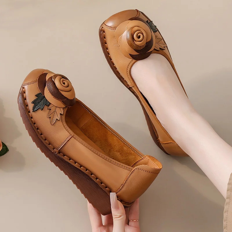 

New real cow leather shoes women's autumn pumps flower wedge heels woman comfortable shoes ladies vintage flats slip on pumps