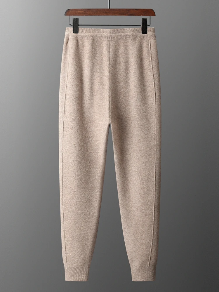 Men's Thick Wool Pencil Pants Autumn Winter Elastic Waist 100% Merino Wool Knitted Thread Casual Trousers Cashmere Pockets Pants