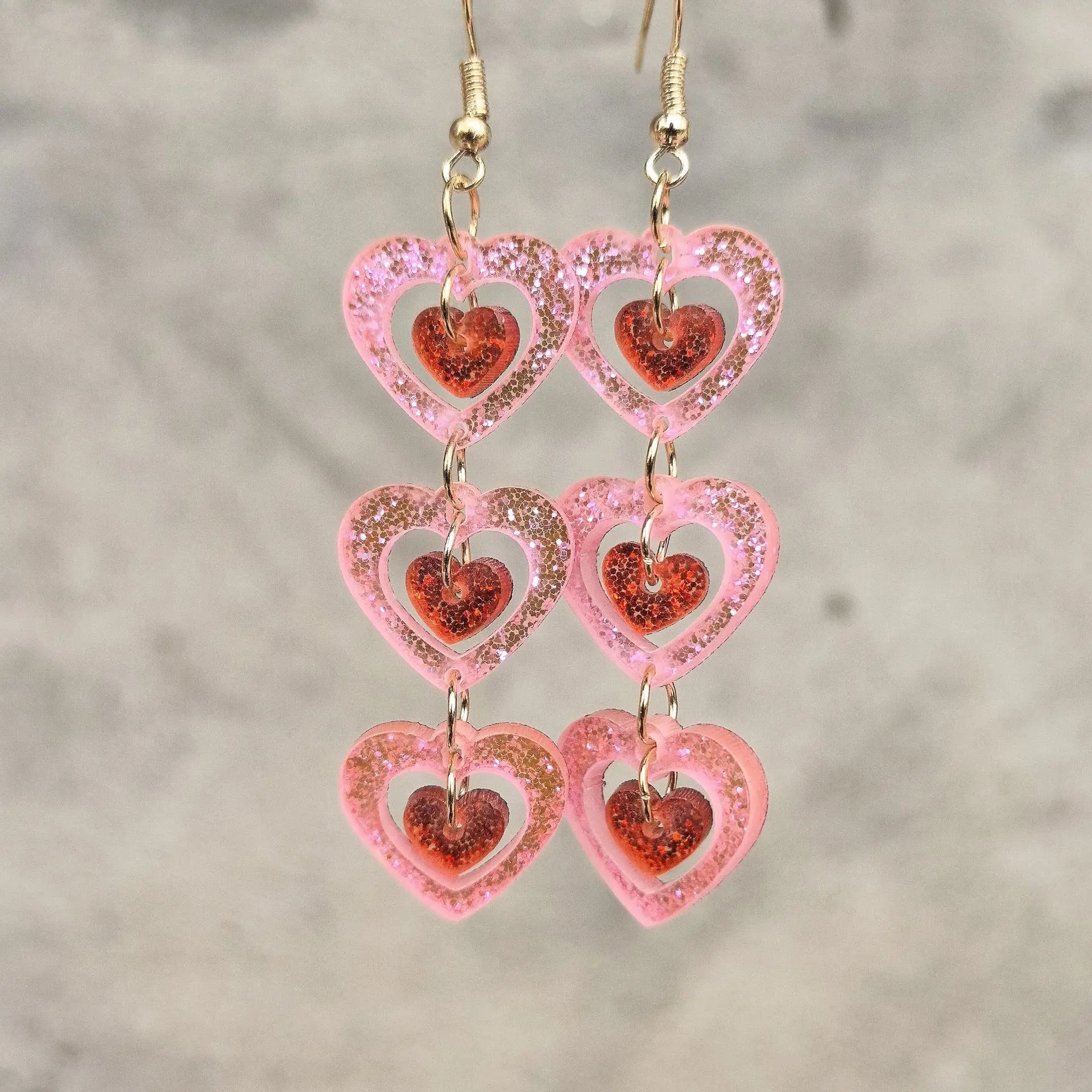 Valentine's Day Glitter Heart Earrings For Women Romantic Hollow Sequins Love Acrylic Drop Earring Gift