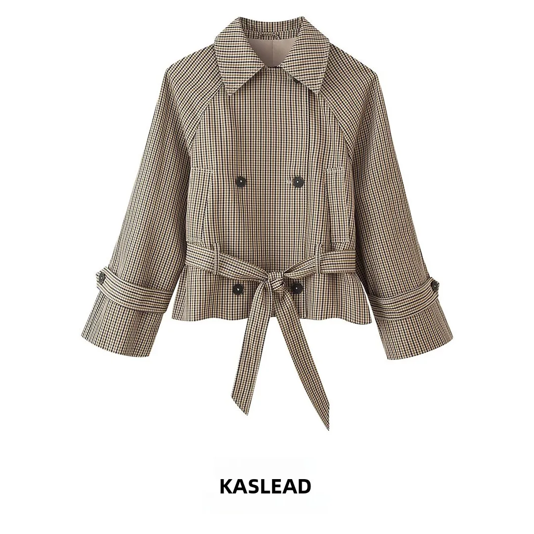 KASLEAD Fashionable Plaid Belted Straight Cut Short Coat New Women's Clothing Style European Style Long Sleeve Polyester Fiber
