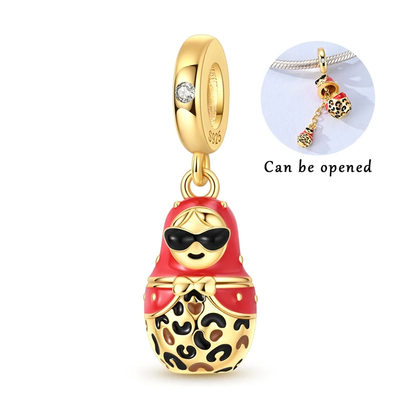 925 Sterling Silver Gold Plated Retractable Charms Bead CZ Zircon Leopard Print Nesting Doll Dangle Fit Original Bracelet Gift
