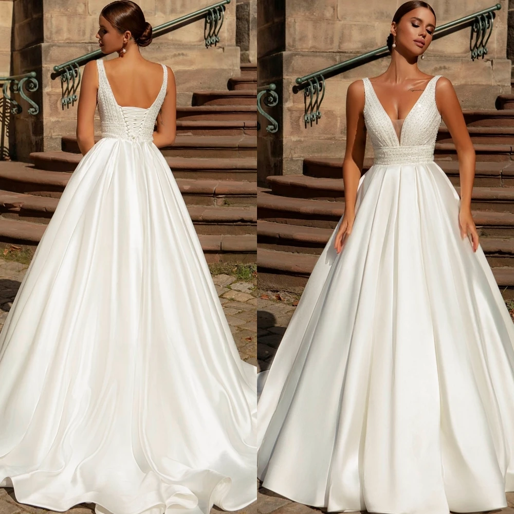 Customized White Satin Formal A-Line Sexy V-neck Delicate Wedding Dress Bridal Party Luxury Sequined High Quality Bridal Gowns