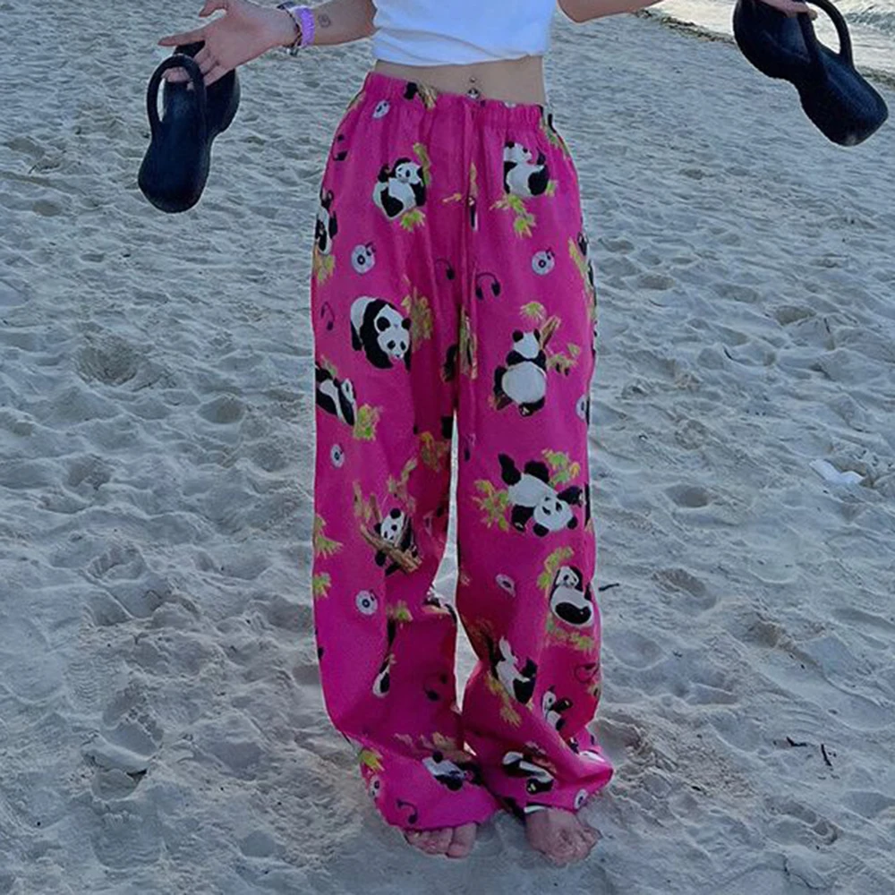 Panda cartoon printed casual pants for women in summer drawstring elastic waist design, sweet and spicy  wide leg pants