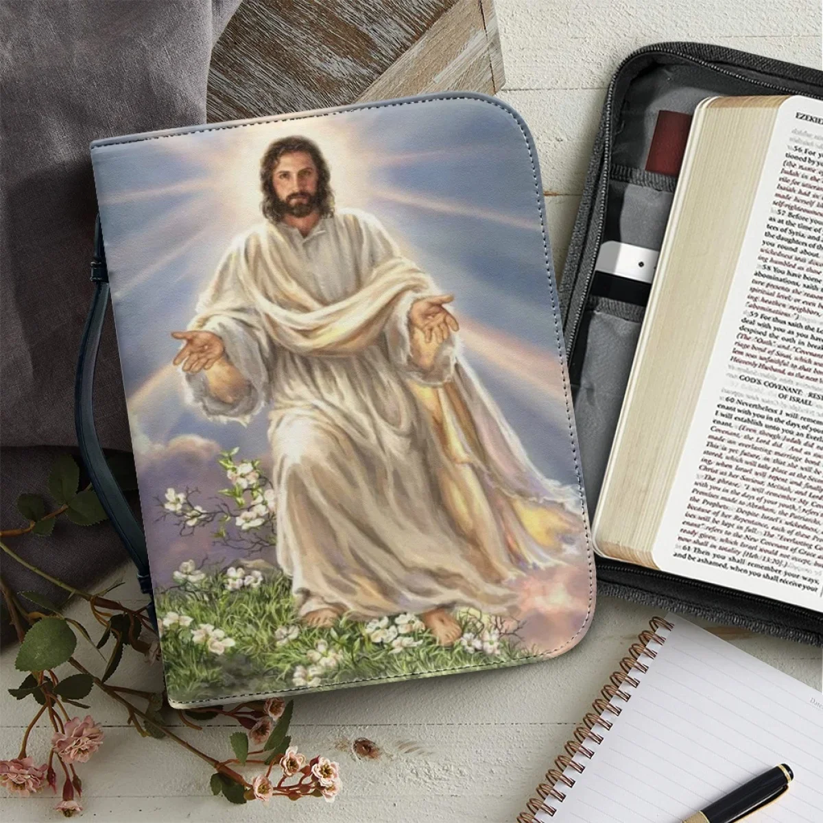 

PU Leather Handbags for Women Zippered Handle Bible Storage Bags New Christian Jesus Pattern Print Bible Cover Case Custom Gift