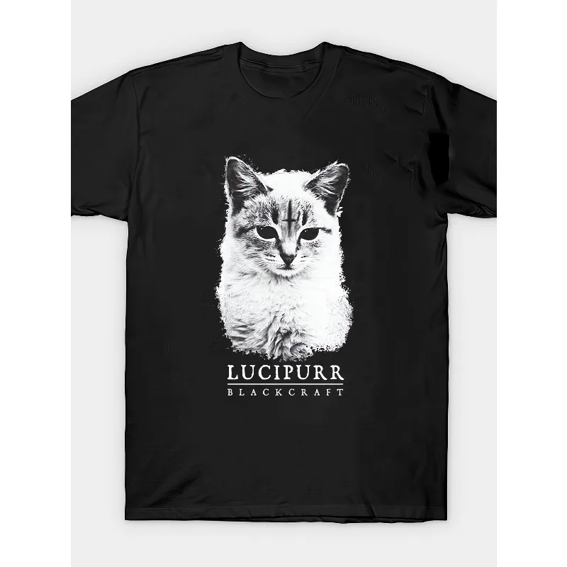 Men's garbage rock style cat portrait and classic Serif font T-shirt, Gothic punk street style black short sleeved top