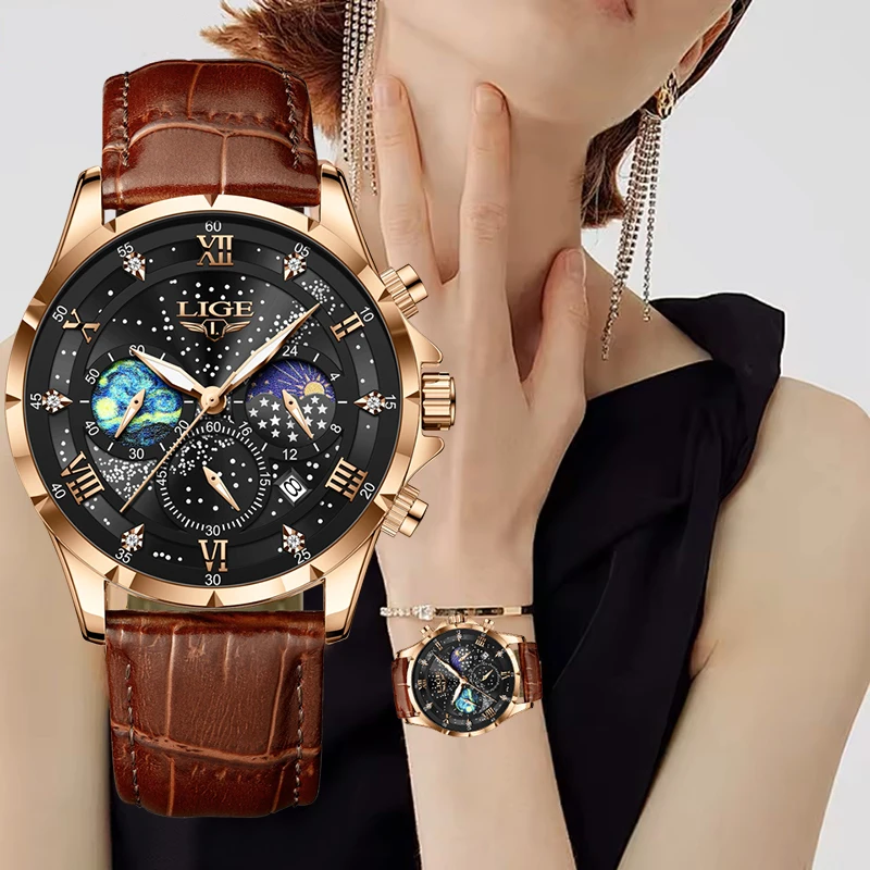 LIGE 2026 New 24 Hour Moon Phase Watch Women Outdoor Sports Waterproof Luminous Women's Quartz Wristwatches Relogio Feminino+BOX