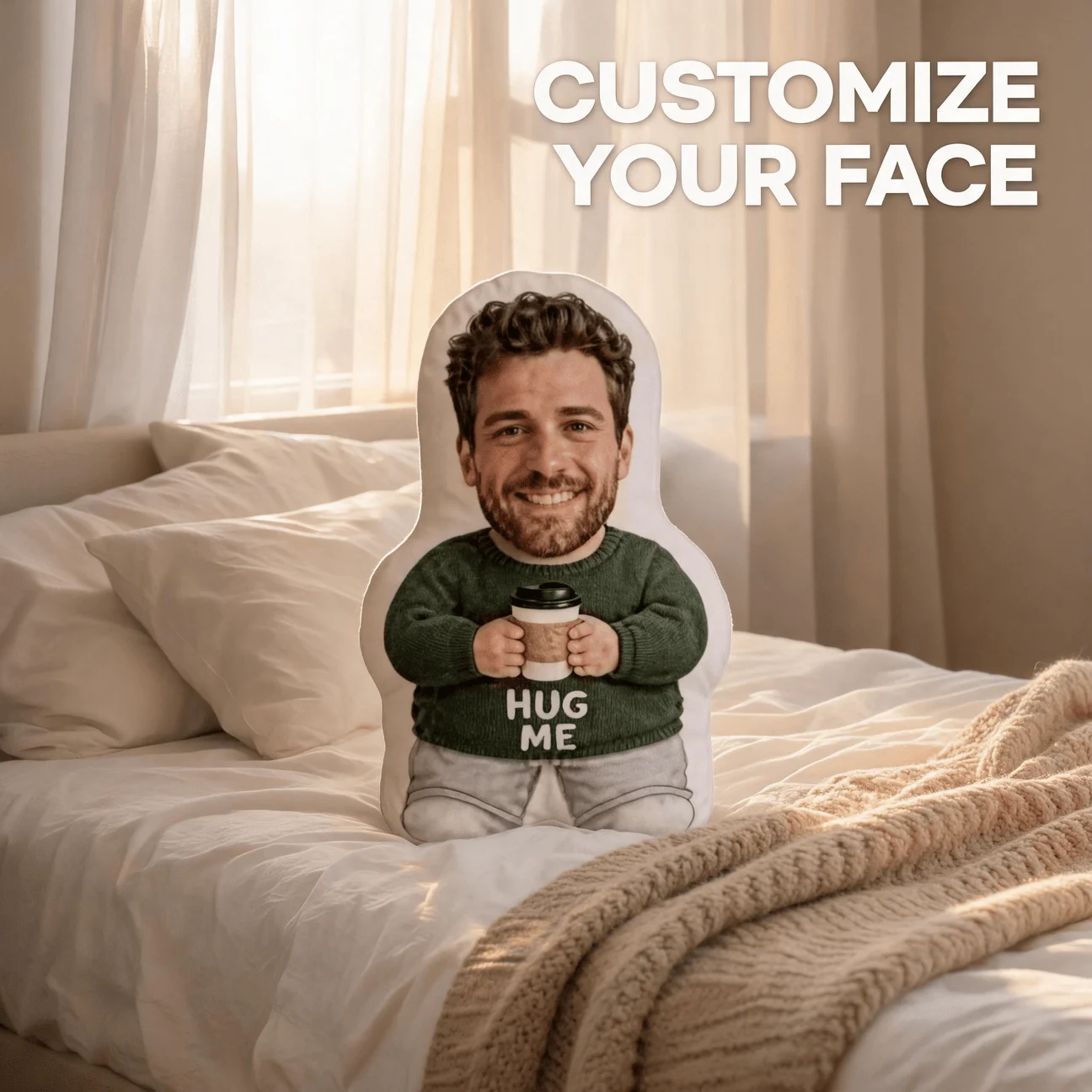 Custom Photo Shaped Pillow, Personalized Face Portrait for Man in Green Sweater Holding Coffee Cup with HUG ME Text, Funny Gift