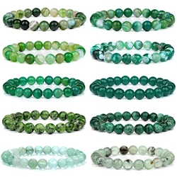 Pulsera de cuentas verdes para hombre y mujer, brazalete elástico de piedra Natural, ágata, Ojo de Gato, calcedonia, joyería curativa, regalos, 8mm