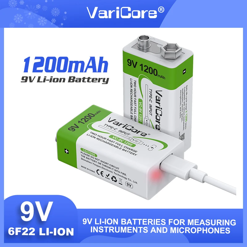 بطارية ليثيوم VariCore عالية السعة 9 فولت 1200 مللي أمبير في الساعة قابلة لإعادة الشحن مع كابل USB للاستخدام اليومي لأجهزة استشعار الأجهزة الطبية