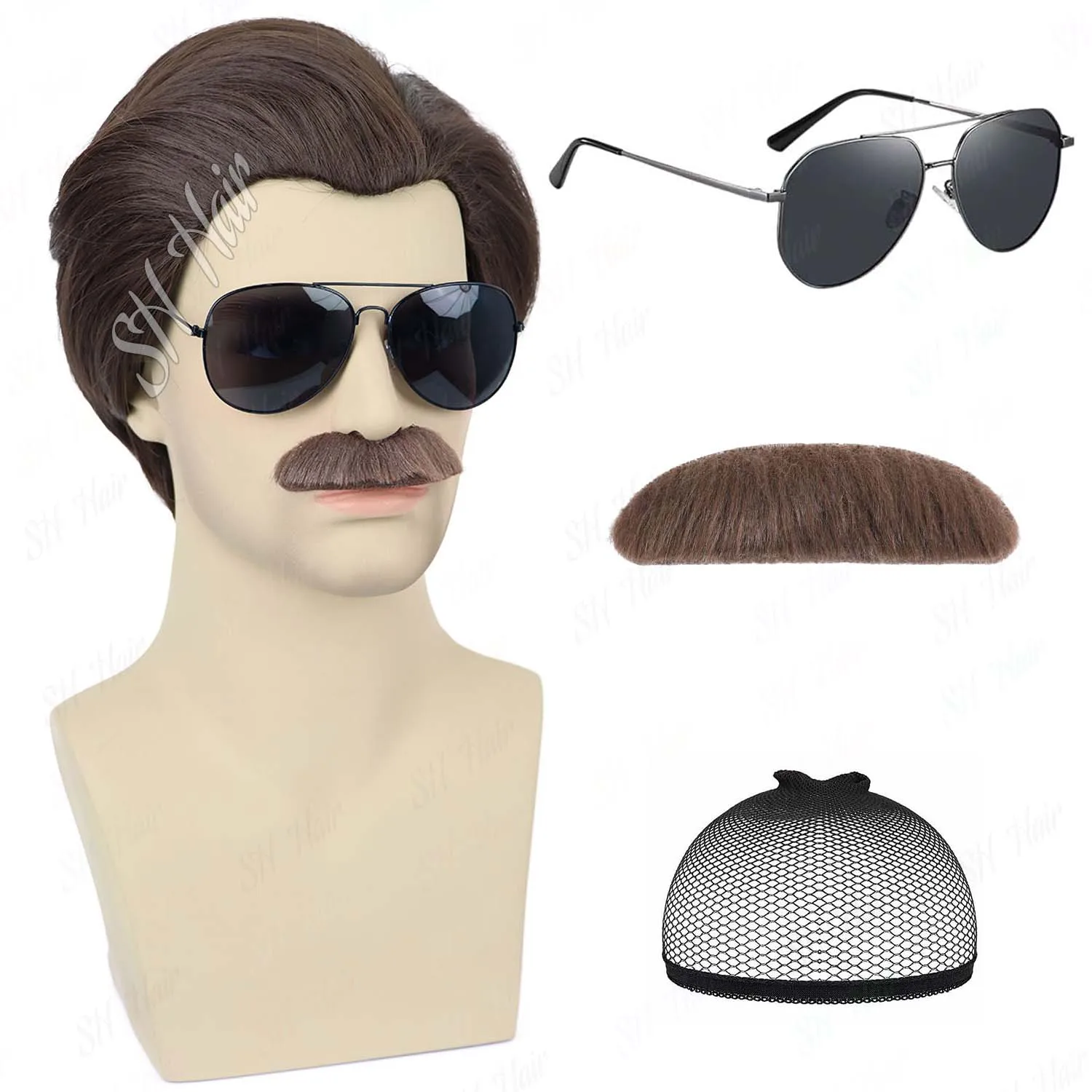 

Synthetic Men Short Brown Wig + Sunglasses + Mustache for 70s 80s Costume Cosplay Halloween Party Wig,Ted Lasso Soccer Coach Wig