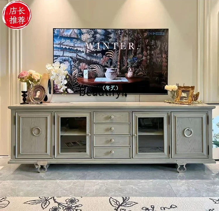 Solid wood TV cabinet living room light luxury impression full set of small apartment French style