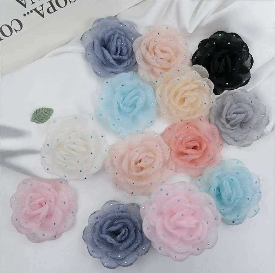 

Burned Fabric Flowers With Rhinestone Flat Back Children DIY Accessories Organza Rosette For Hats Shoes Garment Wedding