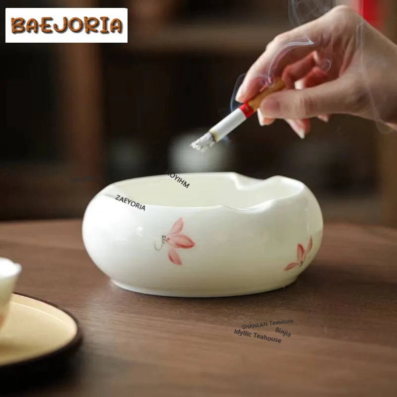 Mutton Fat Jade Hand-painted Magnolia Ashtray Ancient Cigar Cigarette Ash Tray Weed Smoking Chinese Tea Set Collection Craft
