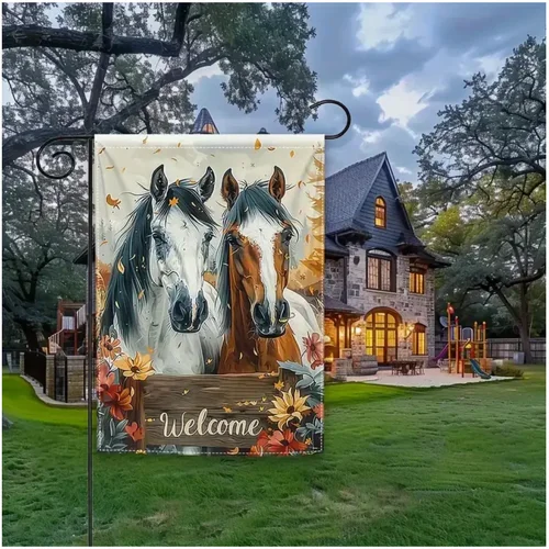 Charming Autumn Sunflower Horse Welcome Garden Flag-12x18In, Durable Linen Blend JJE DDI GGX