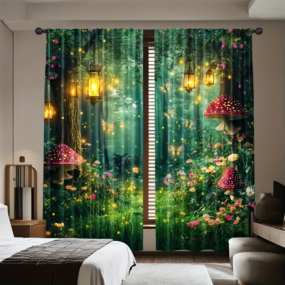 2PCS Digital Print Curtains Enchanted Forest Mushroom Firefly Fantasy Rod Pocket