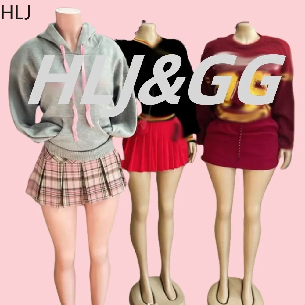 

HLJ Fashion Letter Print Knit Hooded Two Piece Sets Women Long Sleeve Pullover And Plaid A-line Mini Skirts Outfits Streetwear