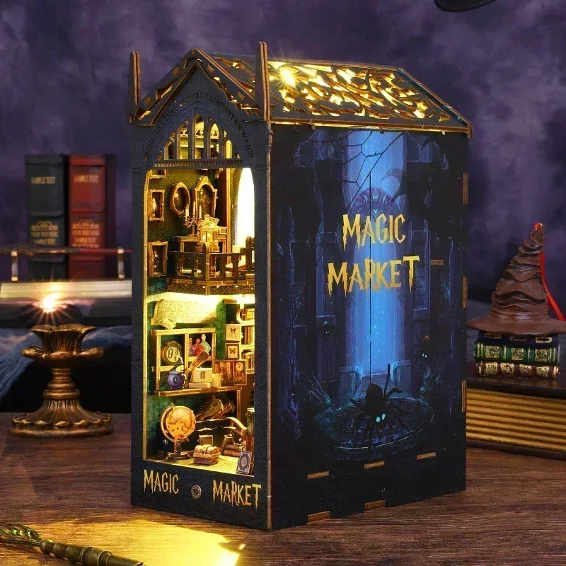 

NEW DIY Wooden Book Nook Magic Market Doll House Kit with Light, 3D Puzzle Bookshelf Assembly Bookend for Adults Birthday Gifts