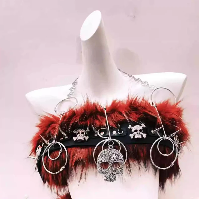 Gothic Design Punk Rock Collar Rivet Fur Women's Vest 2025 Autumn Winter New Sweet Cool Sexy Heavy Mini Short Skirt Set Ladies