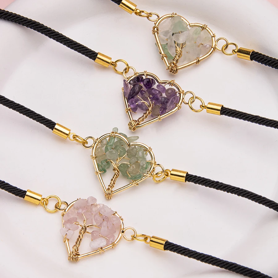 1pc natrual crystal stone gemstone agate Inlaid green aventurine amethyst  love life tree  Stainless steel adjustable for women