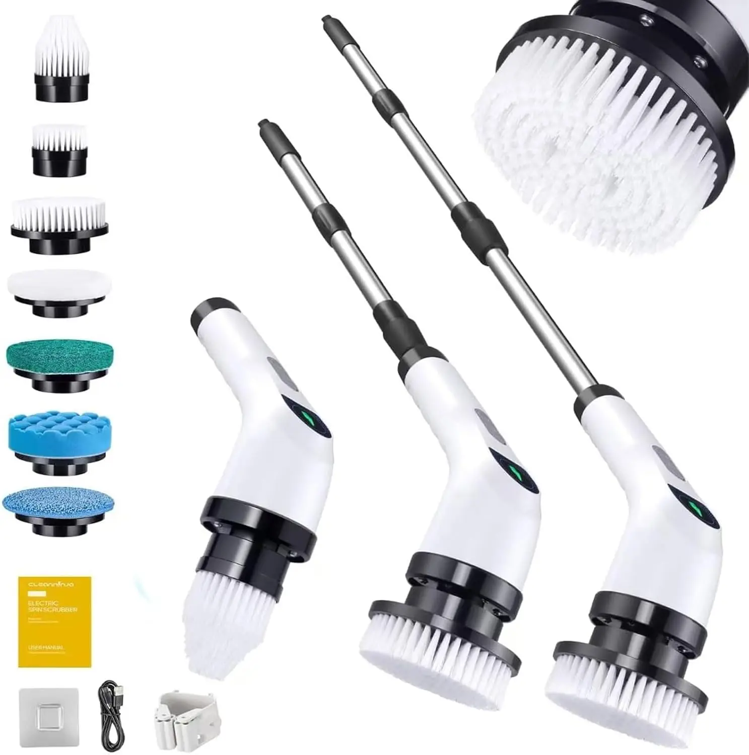 

Электрический скруббер с длинной ручкой, 7 сменных насадок, 2 скорости, беспроводной и длительный срок службы батареи белого цвета