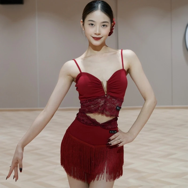 ฤดูร้อนเซ็กซี่เต้นรําละตินเสื้อผ้าลูกไม้ละติน Top Tassels กระโปรงสตรี Chacha Samba Latin Dance ชุดฝึกสวมใส่ SL12911