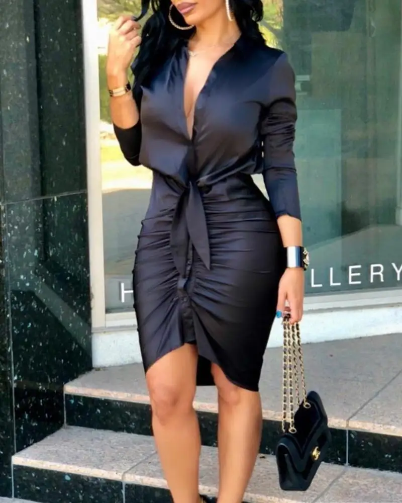 

Long Sleeve Elegant Skinny Office Lady Mini Dress For Women Sexy deep V-neck Black Package Hip Bodycon Dresses Casual Robe