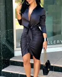 Long Sleeve Elegant Skinny Office Lady Mini Dress For Women Sexy deep V-neck Black Package Hip Bodycon Dresses Casual Robe